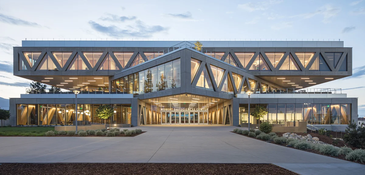 The entrance of the Robert Day Sciences Center, on Claremont Blvd.
